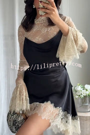 Gothic Romantic Lace Satin Patchwork High Neck Bell Sleeve Loose Mini Dress