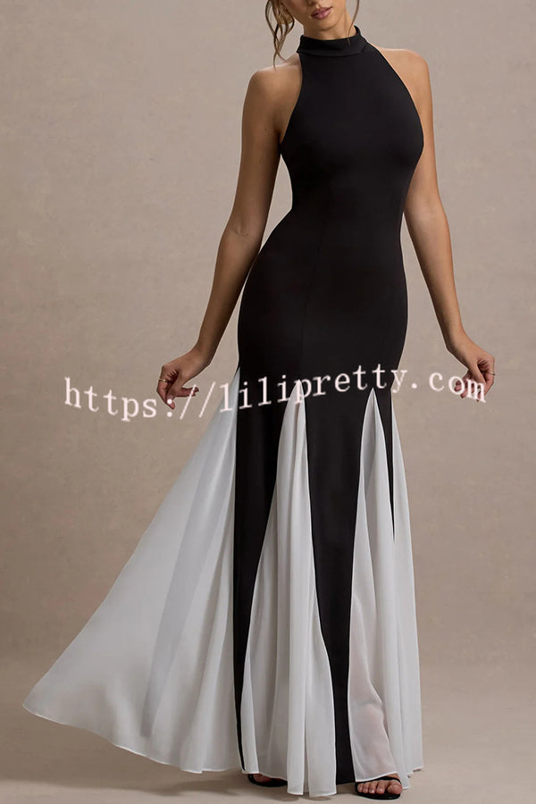 Litzy Contrast Color Panelled Tulle High Neck Stretch Maxi Dress