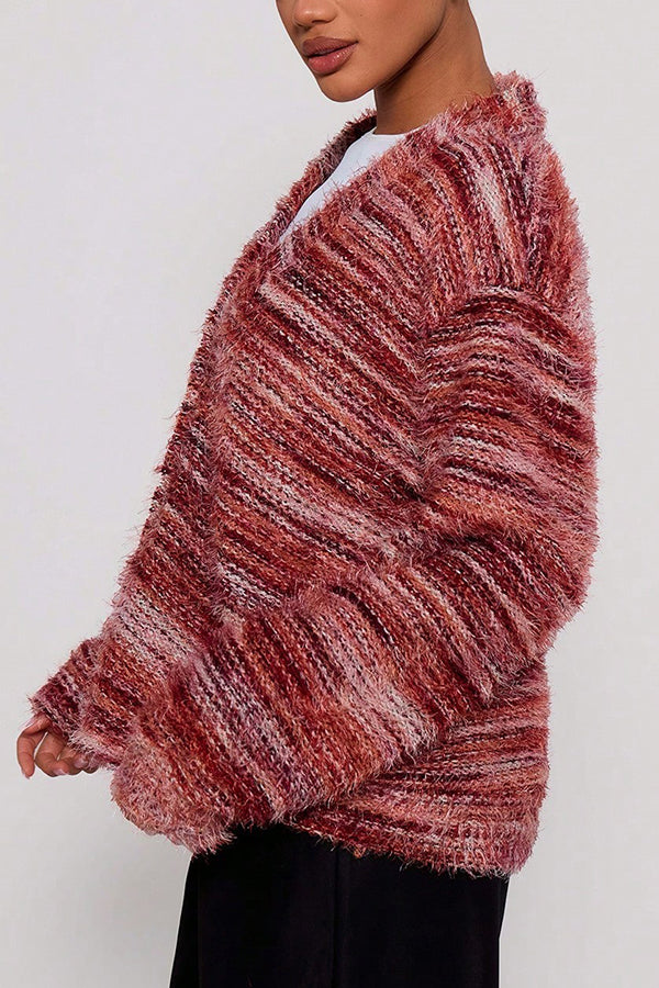 Fashionable Mixed Color Loose V-neck Casual Knit Cardigan