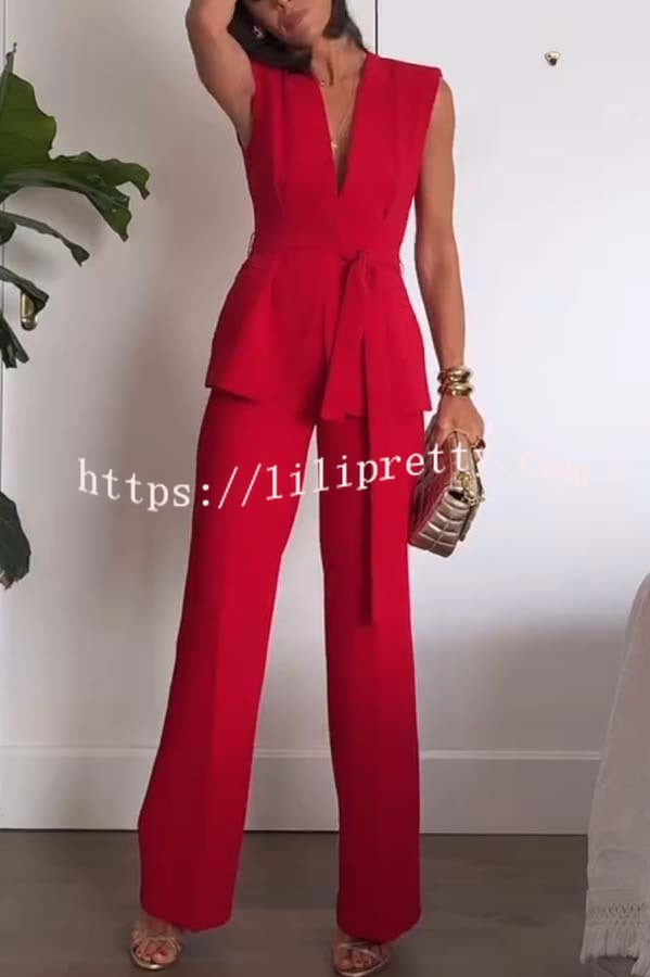 Keep It Classic V-neck Belted Vest and Mid Rise Pocket Wide Leg Pants Set