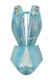 Solid Color Shiny Fabric Deep V Metal Embellished Stretch One-piece Swimsuit