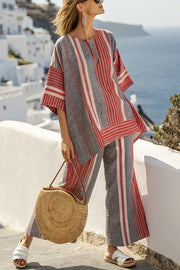 Striped Print Crew Neck Loose Top and Elastic Waist Casual Wide Leg Pants