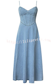 Solid Color Sleeveless Suspender Pleated Back Faux Denim Midi Dress