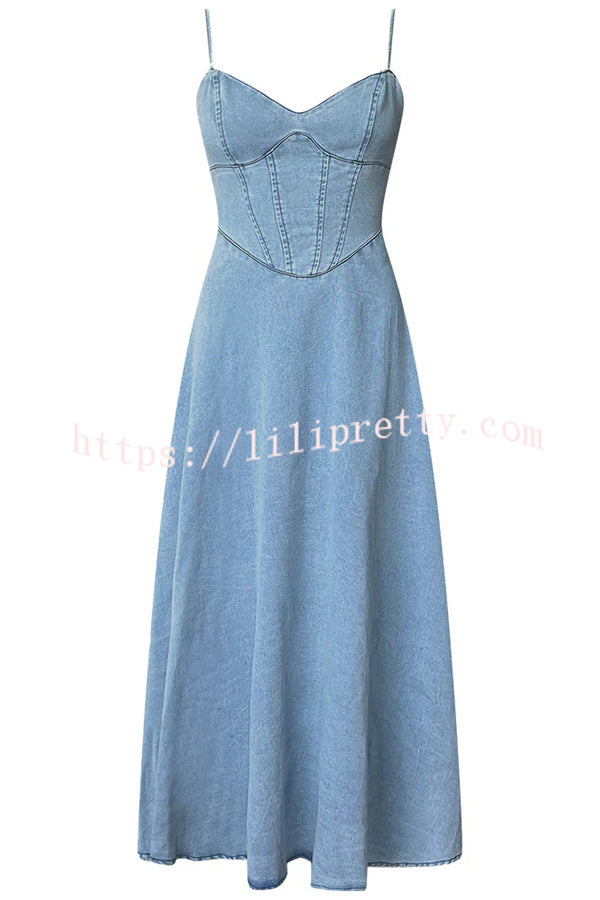 Solid Color Sleeveless Suspender Pleated Back Faux Denim Midi Dress