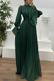 Ellah Shiny Fabric Chinese Stand Collar Twist Waist Balloon Sleeve Maxi Dress
