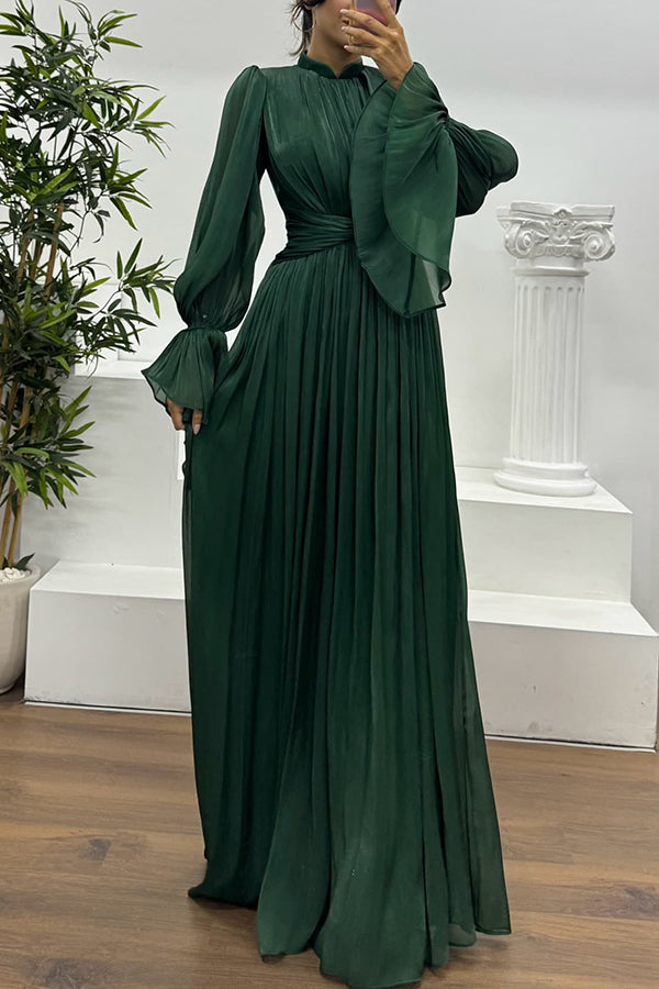 Ellah Shiny Fabric Chinese Stand Collar Twist Waist Balloon Sleeve Maxi Dress