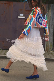 Elegant Mood Tulle Pleated Ruffle Elastic Waist Tiered Midi Skirt