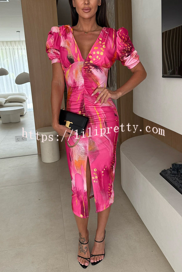 Unique Print V-Neck Puff Sleeve Slit Slim Midi Dress