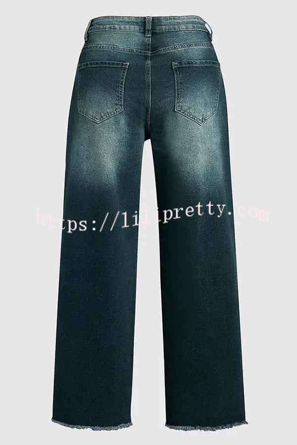 Stylish Raw-edge Mid-rise Pocket Stretch Straight-leg Jeans