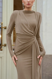 Solid Color Knit Long-sleeved Knotted Slim-fit Maxi Dress