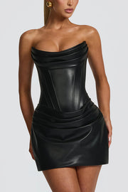 Palmer Faux Leather Pleated Off Shoulder Neck Slit Stretch Mini Dress