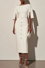 Solid Color Round Neck Slit Sleeve Waist Button Decoration Midi Dress