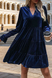 Solid Color Velvet V-Neck Long Sleeve Elegant Loose Mini Dress