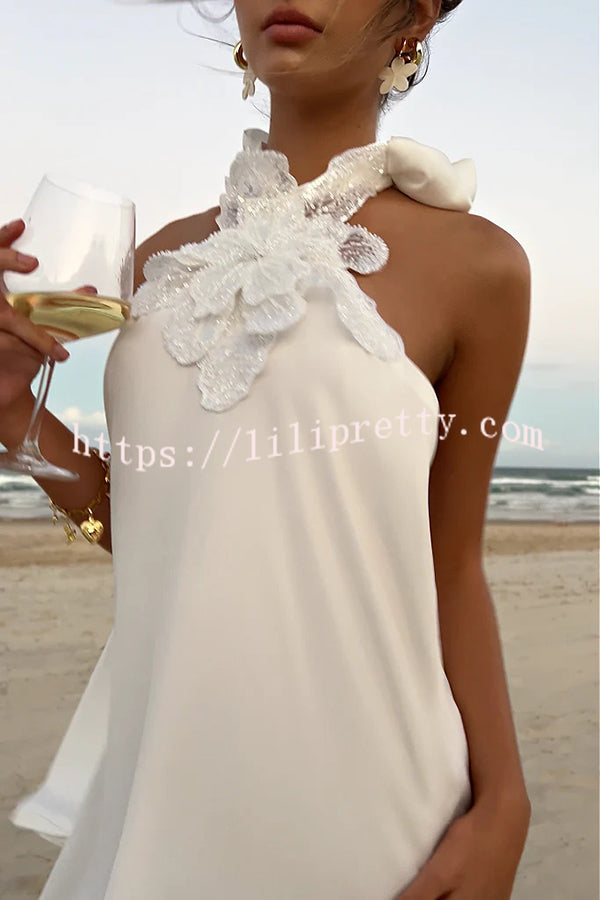Floral Embellished Satin Halterneck Backless Resort Maxi Dress