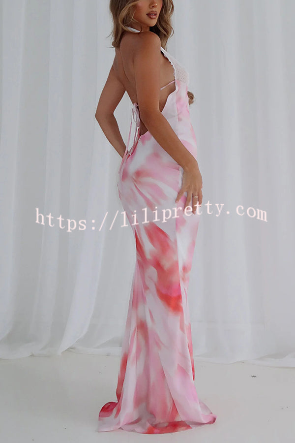 Fashion Printed Halter Neck Backless Lace-Up Sexy Slim Maxi Dress