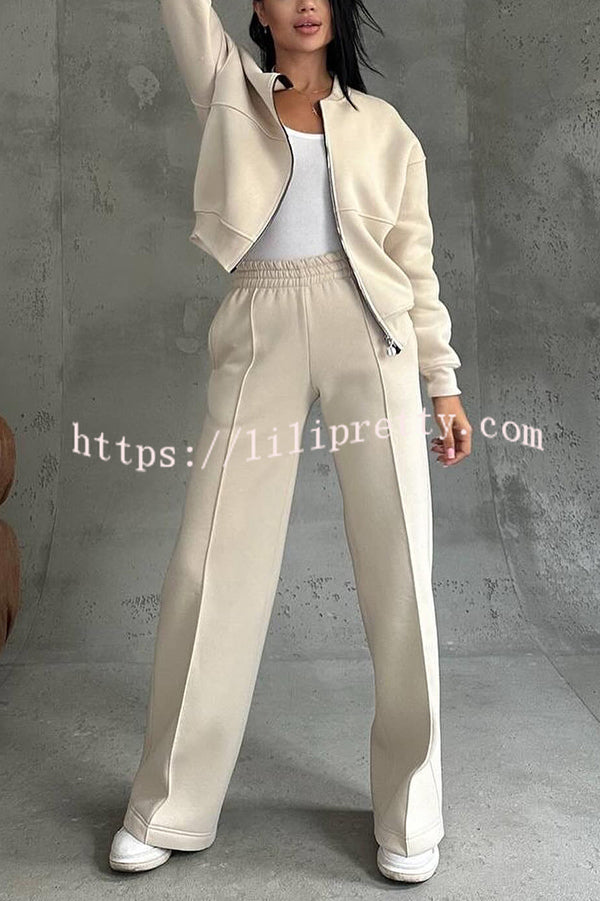 Solid Color Casual Long Sleeve Zipper Jacket and Elastic Waist Pocket Wide Leg Pants Set