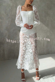 Timeless Moment Floral Lace Square Neck Button Up Balloon Sleeve Top