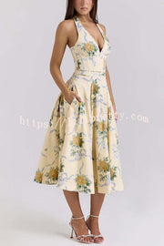 Resort Star Floral Print Waist Halterneck Tie Pocket Midi Dress