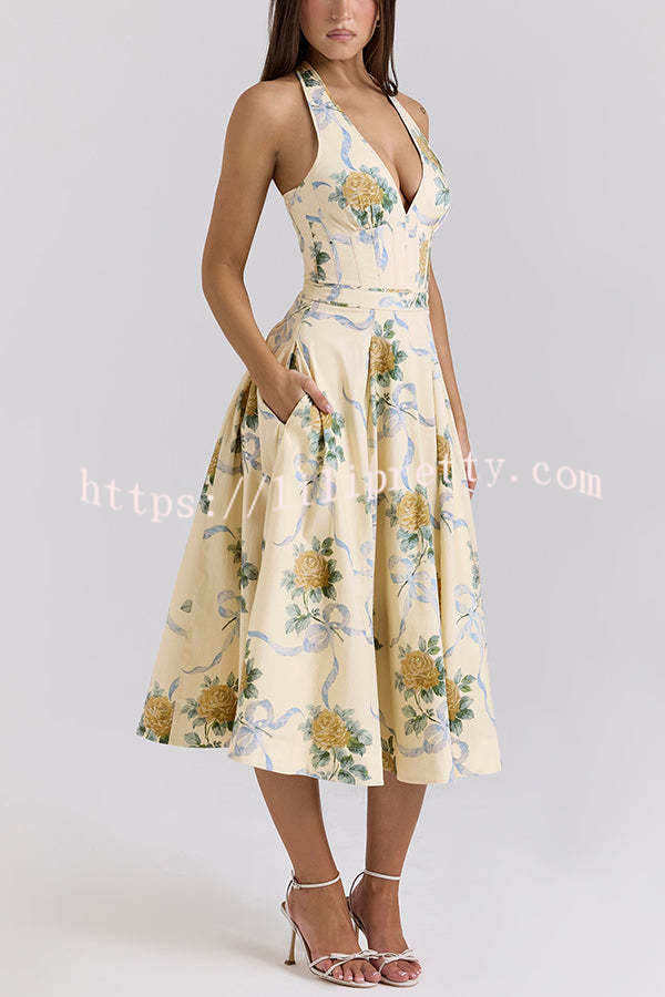 Resort Star Floral Print Waist Halterneck Tie Pocket Midi Dress