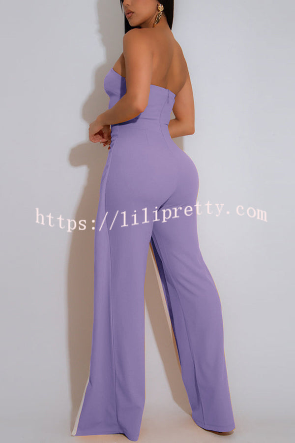 Fashionable Contrast Color Off-shoulder Metal Decoration Casual Elegant Jumpsuit