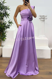 Nasha Satin Pleated One Shoulder Petal Gemstone Detail Pocket Slit Maxi Dress