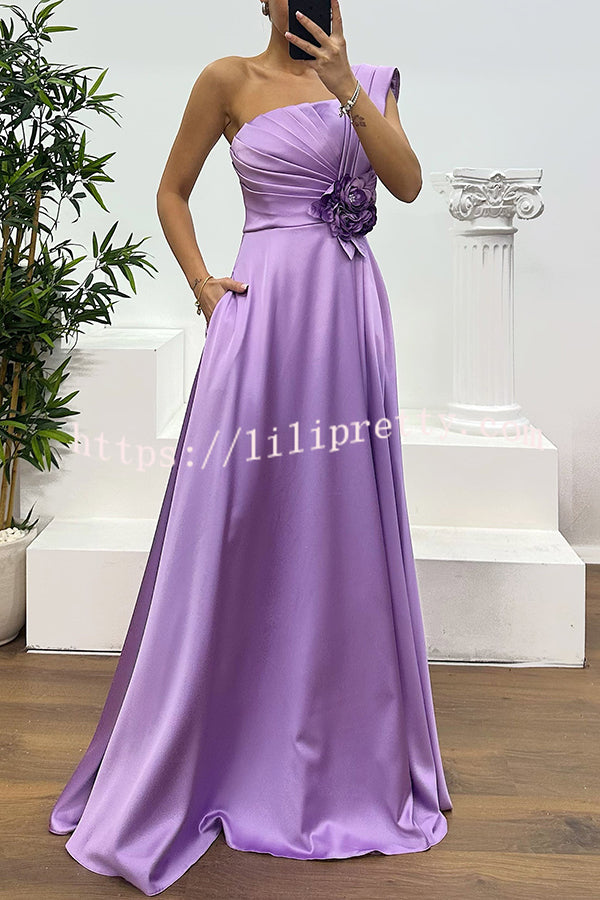 Nasha Satin Pleated One Shoulder Petal Gemstone Detail Pocket Slit Maxi Dress