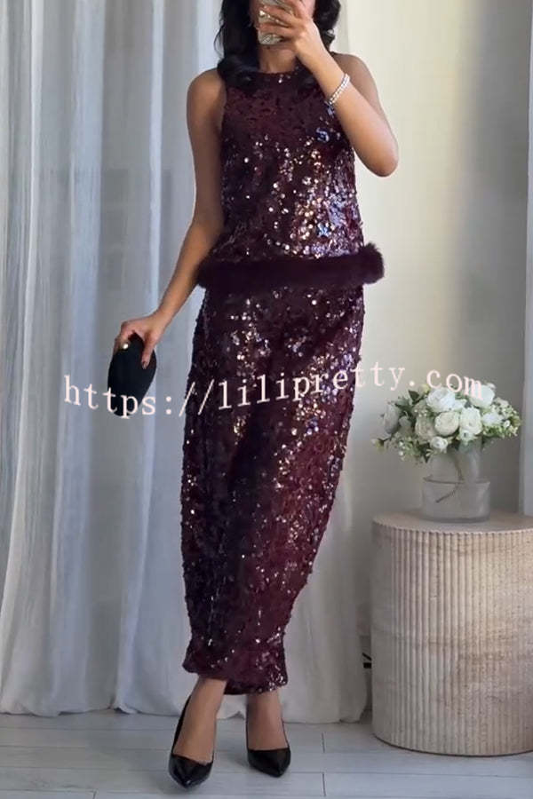 Gala Goddess Sequin High Rise Zipper Waist Wide Leg Pants