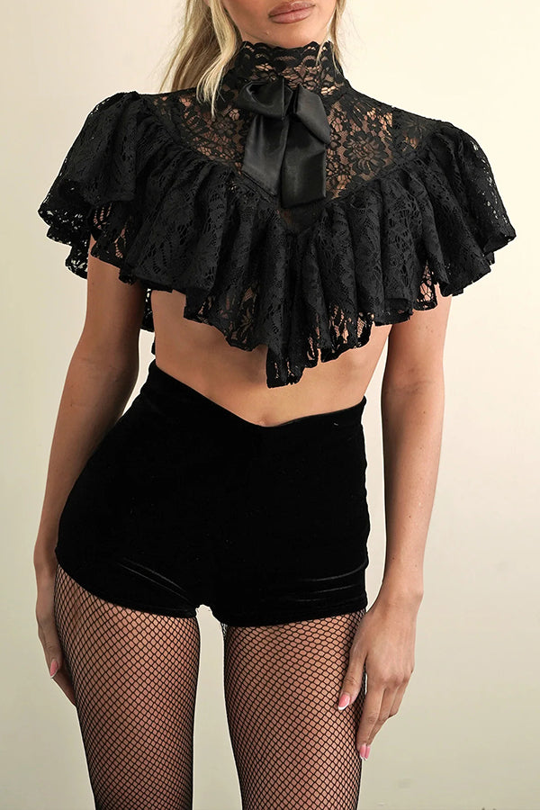Avina Lace Bow Detail High Neck Cascading Ruffles Cropped Cape Top