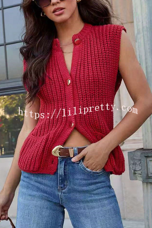 Solid Color Sleeveless Button Pocket Knit Vest