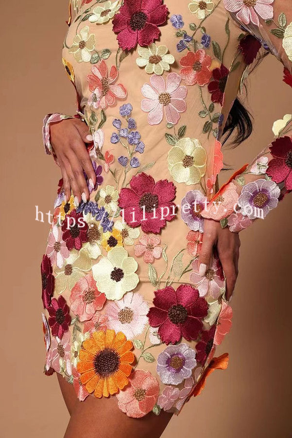 elegantly enchanted floral applique backless long sleeve mini dress Andrea & Leo A1394 A Line Long Floral Lace Applique Formal Prom Dress The Dress Outlet