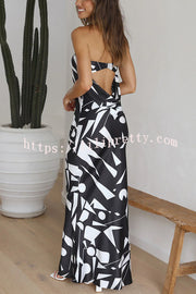 Lilipretty Cassy Satin Geometric Print Off Shoulder Maxi Dress