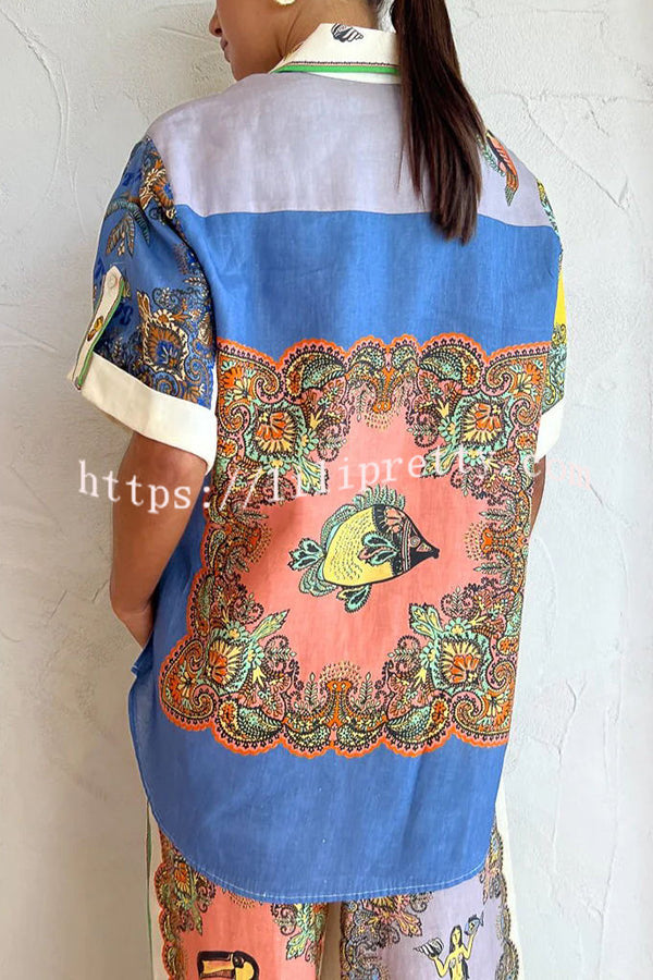 Lilipretty Pretty and Posh Linen Blend Mermaid Print  Button Down Oversized Blouse