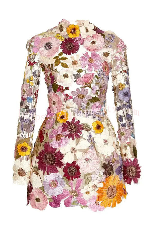 Lilipretty Elegantly Enchanted Floral Applique Backless Long Sleeve Mini Dress