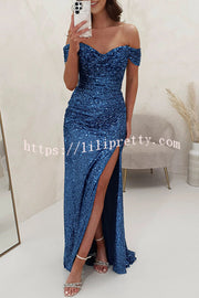 Lilipretty Diamond World Sequin Off Shoulder Ruched Slit Evening Maxi Dress