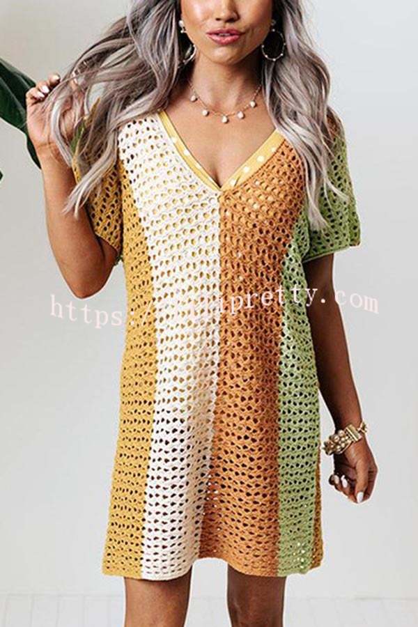 Lilipretty Ocean Whimsy Colorblock Crochet Cover Up Dress