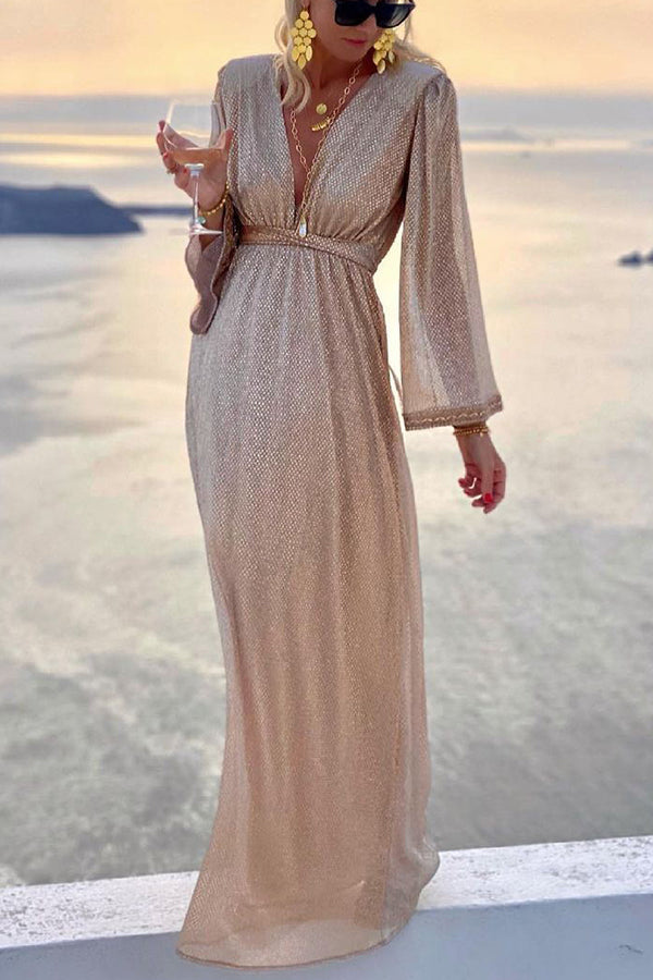 bell party dress Generic Spring Summer Silk Elegant Dress Women's Bell Sleeve Pleated Big Hem Long Party Dress 2 Piece Set, X-Small, Ocher at Amazon Women's Clothing store
