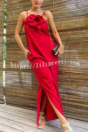 Lilipretty Vacay Ready Linen Blend Floral Embellishment Pocketed Slit Maxi Dress