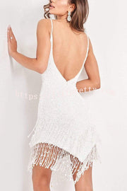 Lilipretty White Backless Fringe Sparkly Dress
