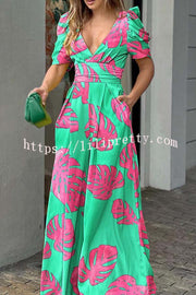 Milly Printed Puff Sleeve Pocketed Wide Leg Jumpsuit