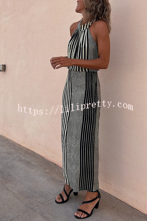 Lilipretty One More Chance Striped Adjustable Waist Halter Midi Dress