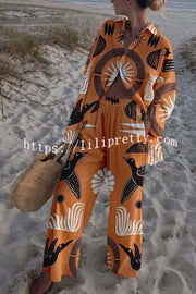 Lilipretty Folk Totem Printed Oversized Blouse and Elastic Waist Pocketed Pants Set