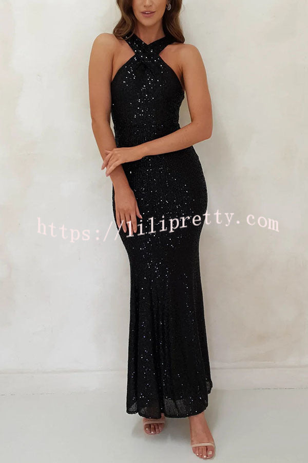 Lilipretty Time To Sparkle Sequin Cross Halter Neck Backless Maxi Dress