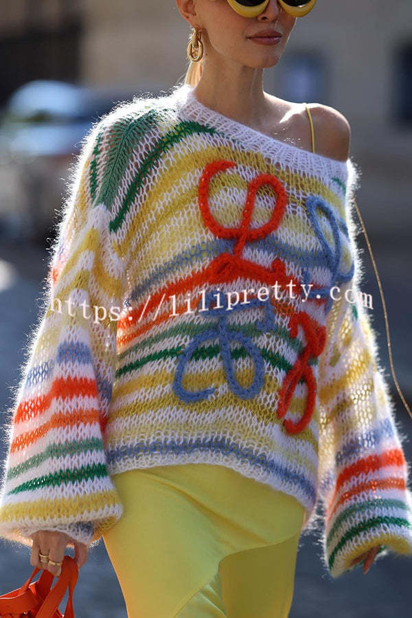 Lilipretty Sunset Cosy Knit Rainbow Contrast Striped Hollow Out Loose Sweater