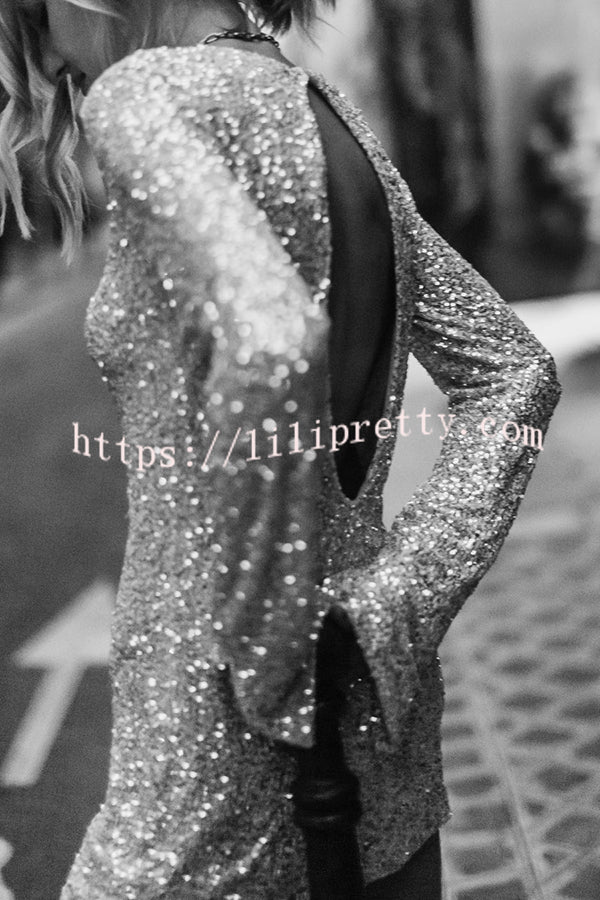 Lilipretty Flash Focus Sequin Extra Long Slit Sleeves Open Back Mini Dress