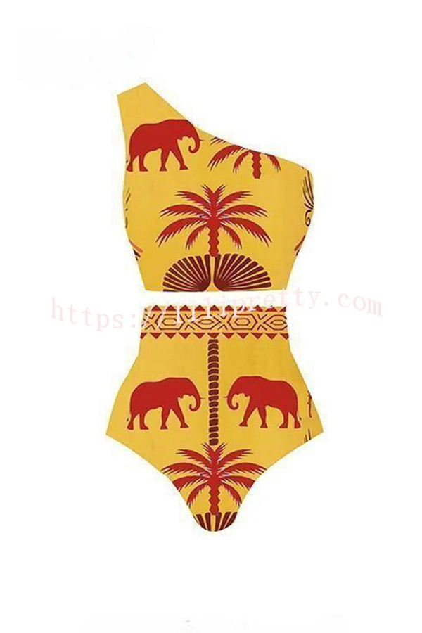 Color Block Art Elephant Print High Waist Bikini And Skirt