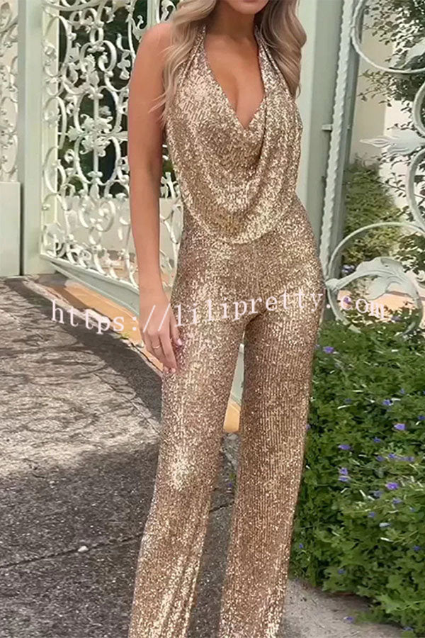 Lilipretty Shimmering Halter Style Drape Neck Wide Leg Jumpsuit for Home Coming Party
