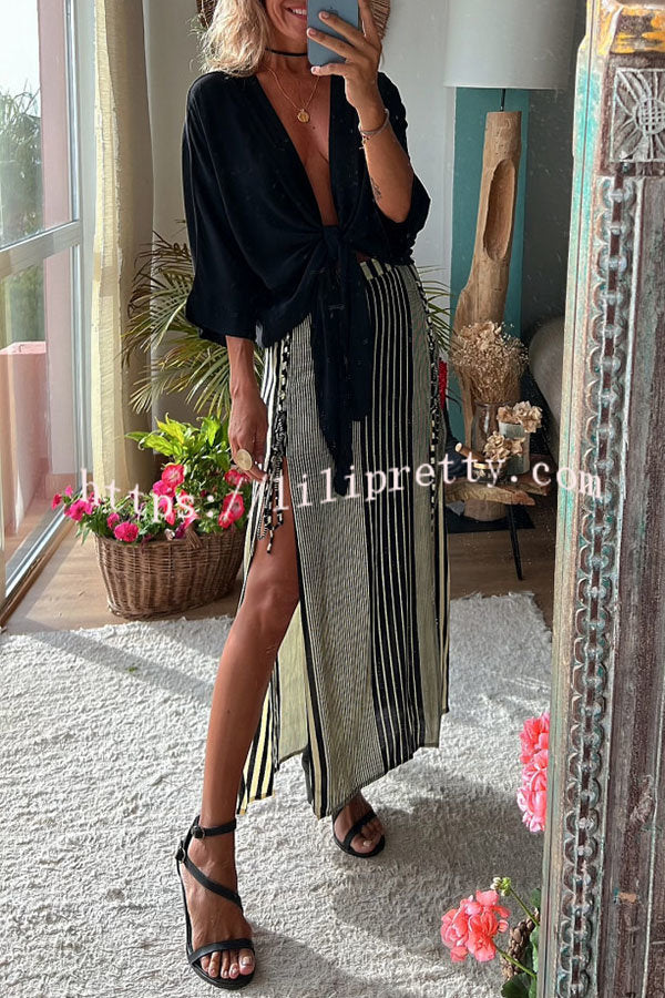 Lilipretty Angel Dust Tie Front Top and Striped Lace-up Slit Skirt Set