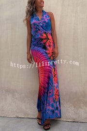 Lilipretty Krista Tie-dye Print Halter Backless Stretch Maxi Dress
