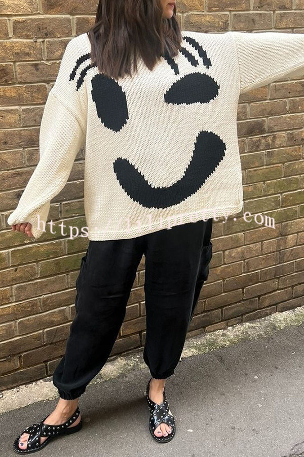 Lilipretty Feel Good Knit Colorful Smiley Face Loose Pullover Sweater