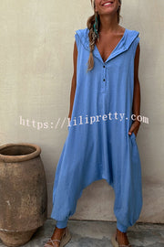 Lilipretty Let's Chill Pocketed Half Button Hooded Loose Jumpsuit